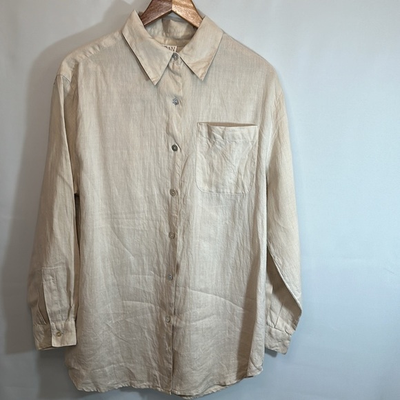 Jordan Womens Size L Vintage 100% Linen Shirt Button Up Long Sleeves Pocket Tan - Picture 3 of 10
